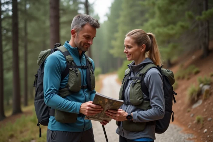 Deux sportifs en tenue de trail examinant un équipement de randonnée au bord d'un sentier forestier
