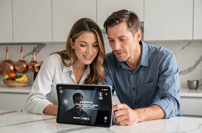 Couple regardant un film en streaming HD avec sous-titres sur une tablette dans une cuisine moderne