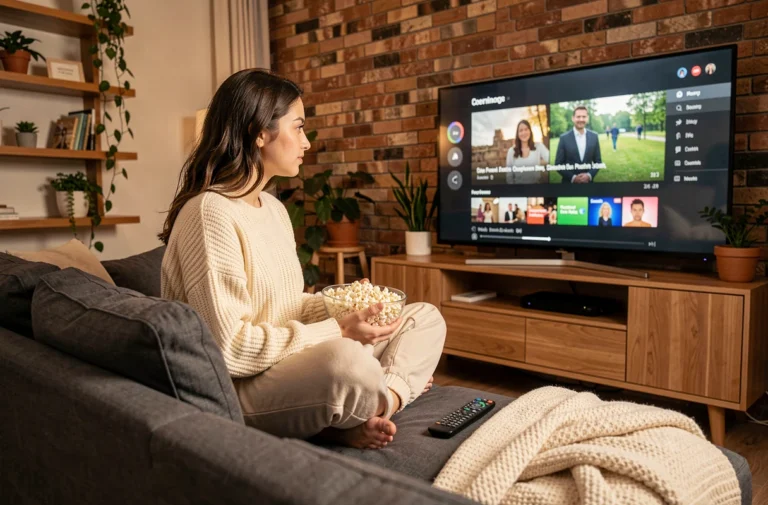 Jeune femme regardant un film en streaming VF sur une grande télévision dans un salon cosy