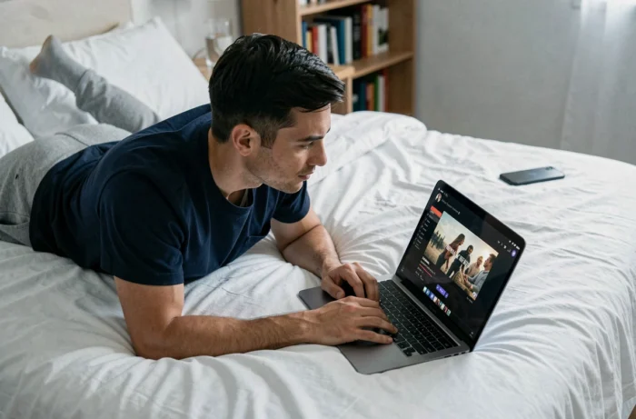 Homme regardant une série en VOSTFR sur son ordinateur portable allongé sur un lit