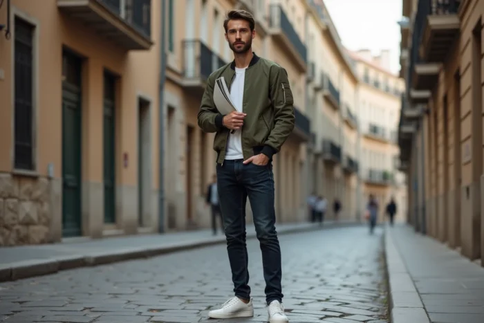 Homme en veste bomber olive posant avec style dans une rue pavée urbaine européenne