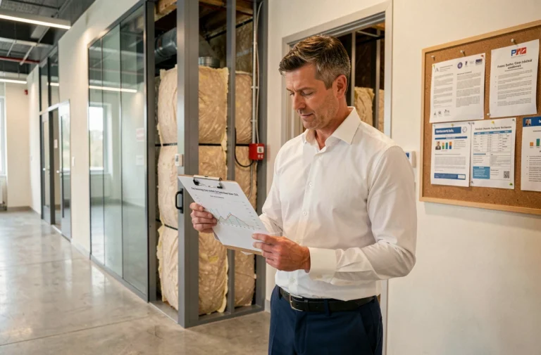 Syndic de copropriété examinant un rapport de diagnostic énergétique dans le hall d'un immeuble résidentiel moderne