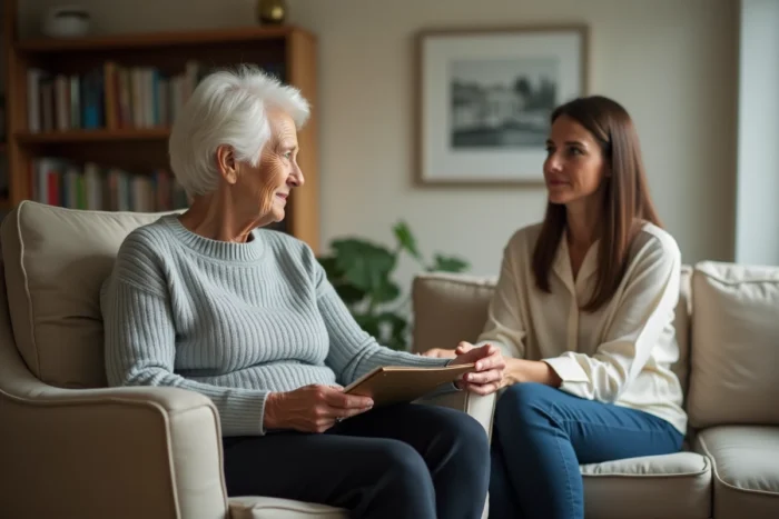 Une femme âgée tenant un chéquier CESU discute du tarif avec sa dame de compagnie dans un salon confortable