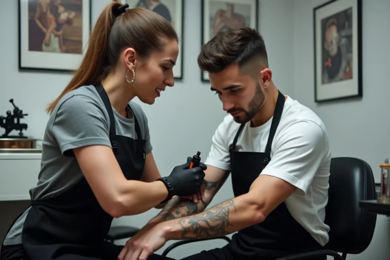 Tatoueuse professionnelle réalisant un tatouage géométrique sur l'avant-bras d'un client dans un studio moderne