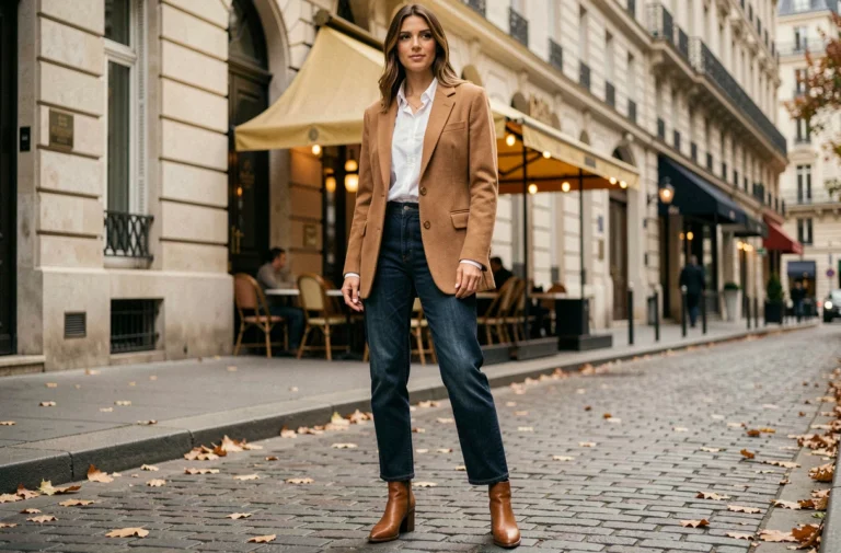 Femme stylée en blazer camel oversize et jean droit sur un trottoir parisien en automne, tendance mode de saison
