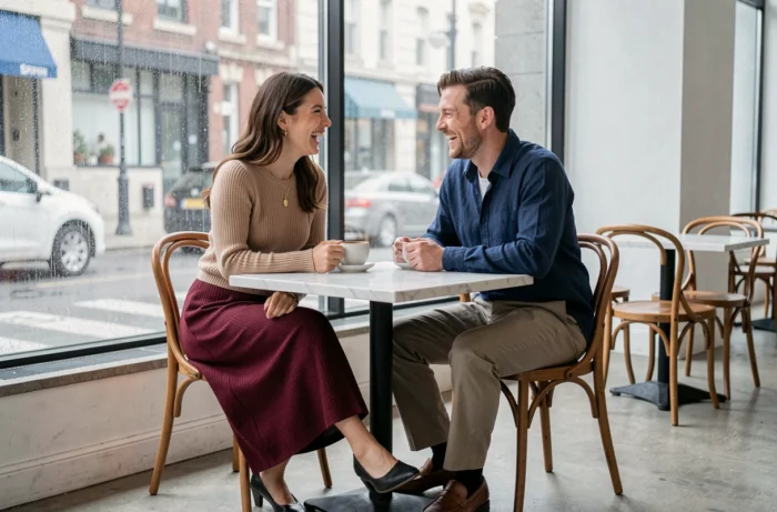 Deux amis stylés aux tenues tendance automne assis dans un café minimaliste parisien, mode saison bordeaux et tons neutres