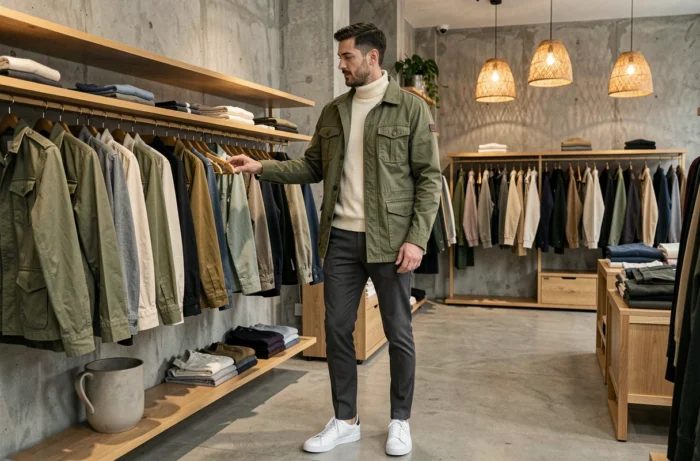 Homme tendance en veste militaire olive et col roulé crème dans une boutique concept store moderne, tendances mode automne-hiver