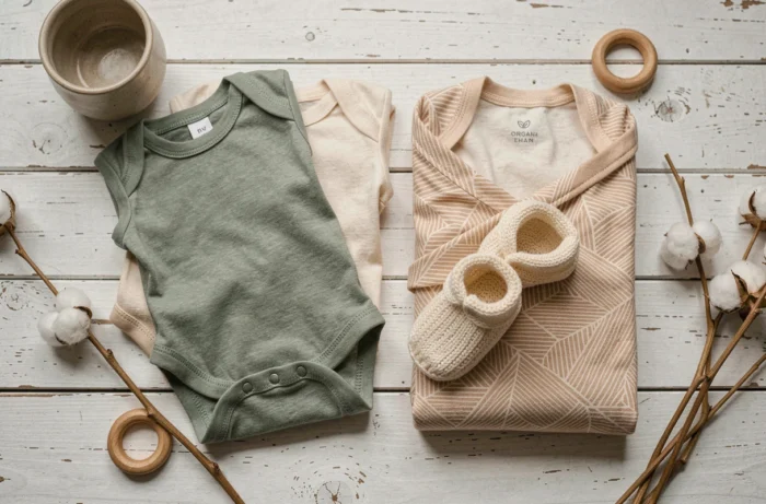 Flatlay de vêtements et accessoires pour bébé tendance 2024 : bodies en coton bio, lange en bambou et chaussons tricotés sur fond bois blanc
