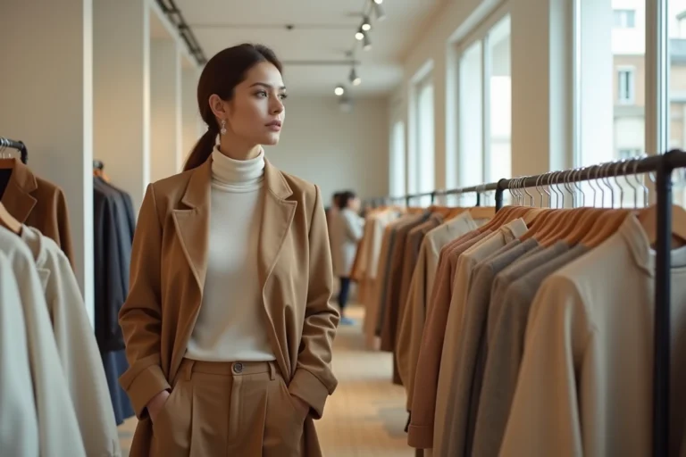 Femme élégante en manteau camel feuilletant des vêtements dans une boutique de mode parisienne minimaliste