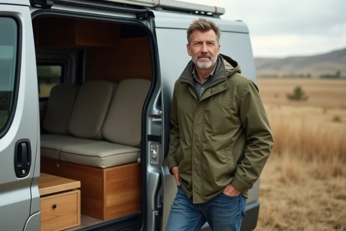Homme adossé à la portière ouverte d'un Citroën Campster dans un camping rural, exprimant satisfaction et sérénité