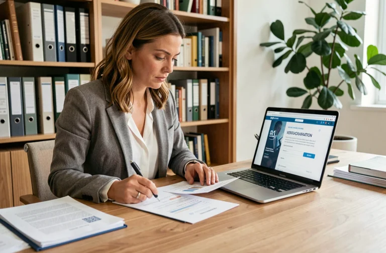 Femme vérifiant la fiabilité d'une entreprise immobilière sur ordinateur portable avec des documents imprimés sur son bureau à domicile
