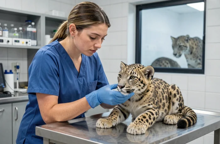 Vétérinaire examinant un lionceau des neiges dans un centre de conservation zoologique moderne