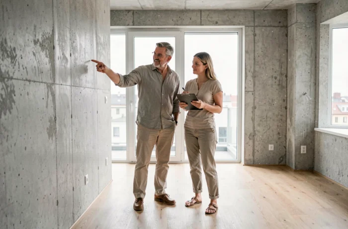 Couple visitant un appartement vide lors d'une visite immobilière pour leur premier achat dans un immeuble moderne