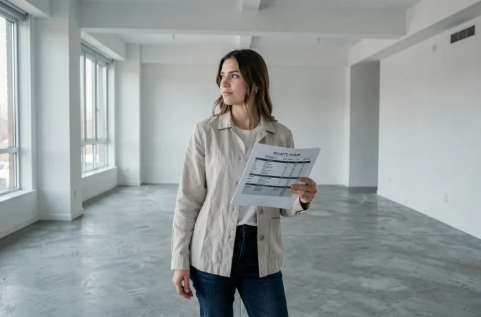 Jeune femme visitant un appartement vide lors d'une recherche de location immobilière